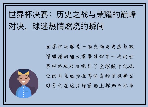 世界杯决赛：历史之战与荣耀的巅峰对决，球迷热情燃烧的瞬间