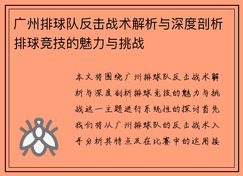 广州排球队反击战术解析与深度剖析排球竞技的魅力与挑战